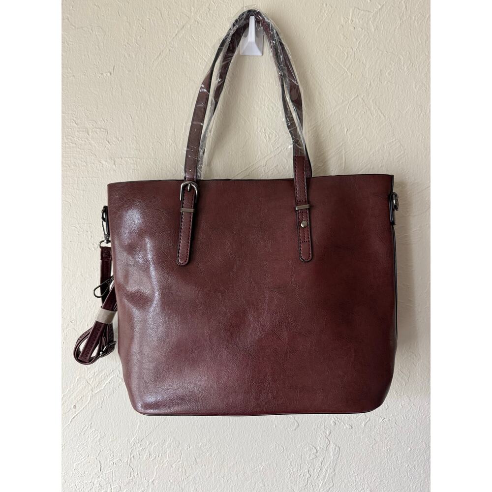 NWOT Faux Leather Tote with Removable Long Strap in Wine - Picture 2 of 8